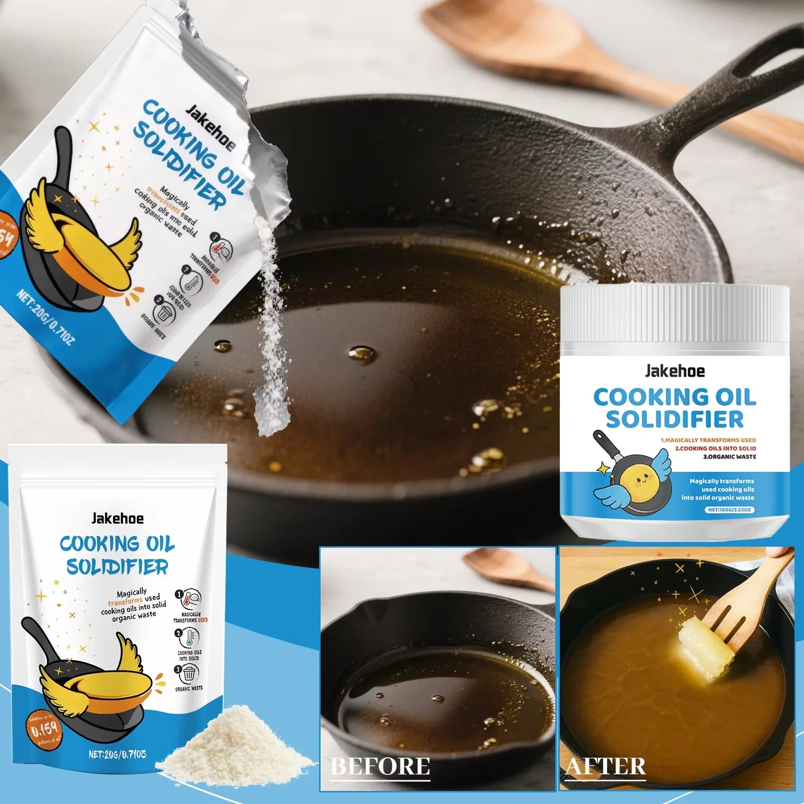 Cooking Oil Solidifier Powder Hot Grease Hardener for Used Fryer Oil Waste Vegetable Lard Eco Friendly Kitchen Cleaning Tool