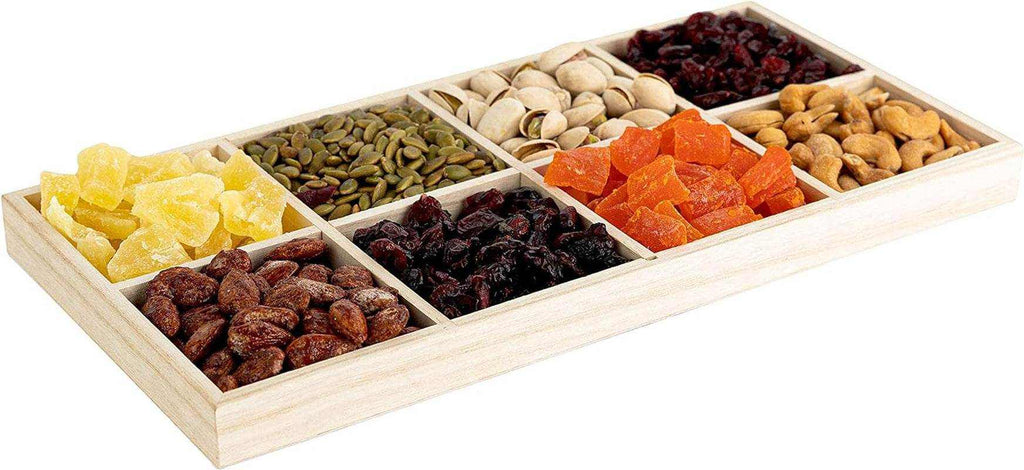 Wooden Tray with 8 Sections – 2 Pack Rectangular Tray Chip and Dip Platter – Divided Serving Tray for Appetizers & Snacks – Veggie Platter - Food Trays for Party Montessori Wooden Trays - 7”X14”X1.25”