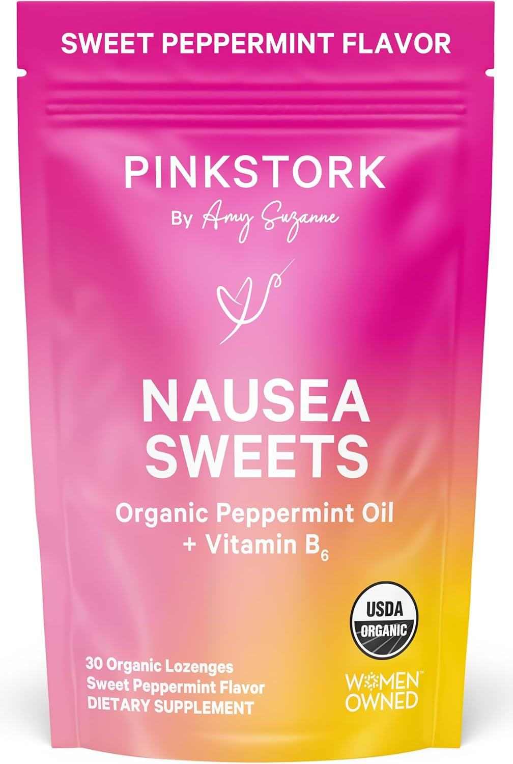 PinkStork organic peppermint sweets with vitamin B6 for nausea relief, morning sickness, and motion sickness support, USDA organic, 30 wrapped lozenges.