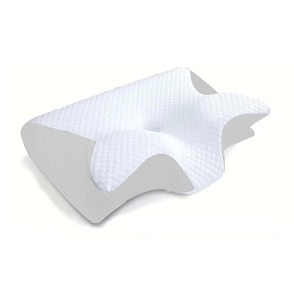 Ergonomic contour orthopedic pillow in white with quilted texture, designed for neck pain relief and support.