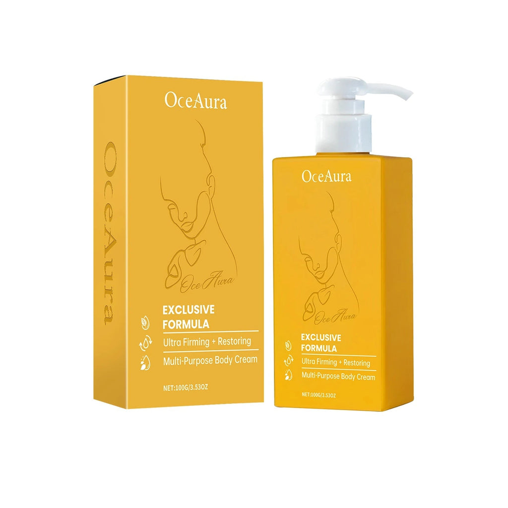 Collagen Body Lotion with ultra firming and restoring formula for moisturizing and skin rejuvenation in yellow pump bottle and box