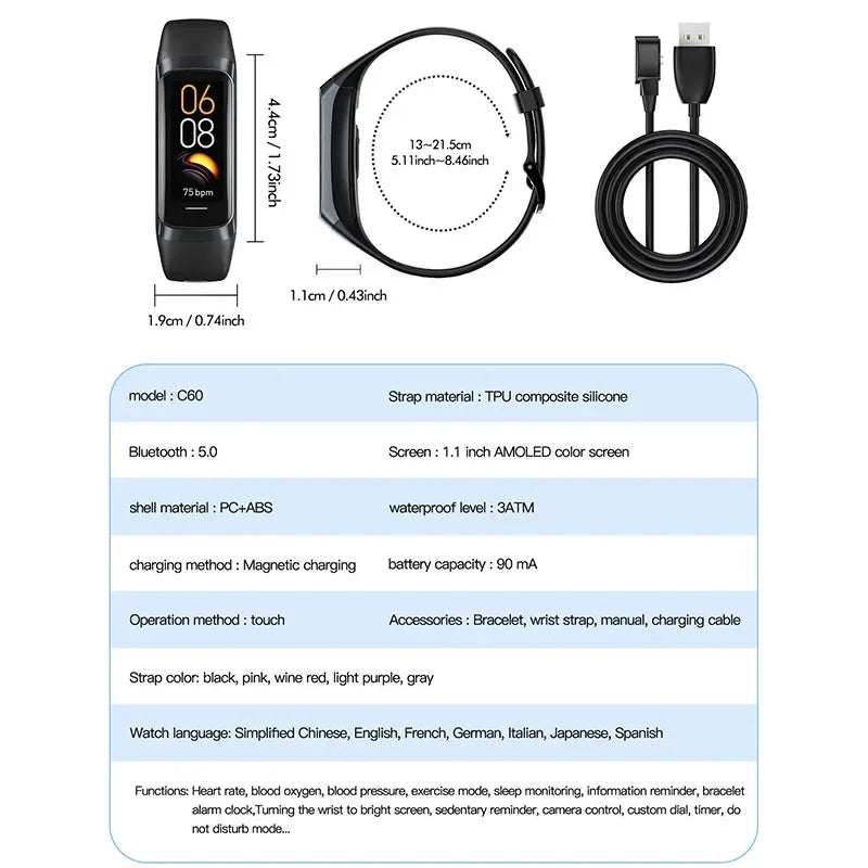 Amoled Smart Watch Smartwatch Band Women Men Heart Rate Blood Oxygen Waterproof Connected Smart Bracelet Sport Fitness Tracker