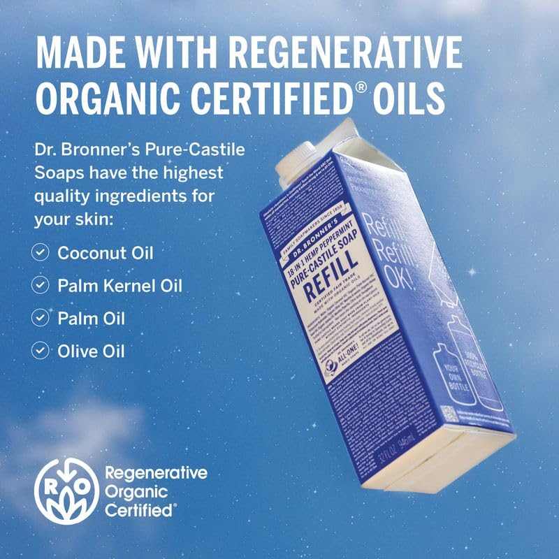 Pure-Castile Liquid Soap Bottle & Refill Carton - Made with Regenerative Organic Certified Oils, 82% Less Plastic-18-In-1 Uses for Face, Body Wash, Hand Soap Refill- Peppermint, 32Oz