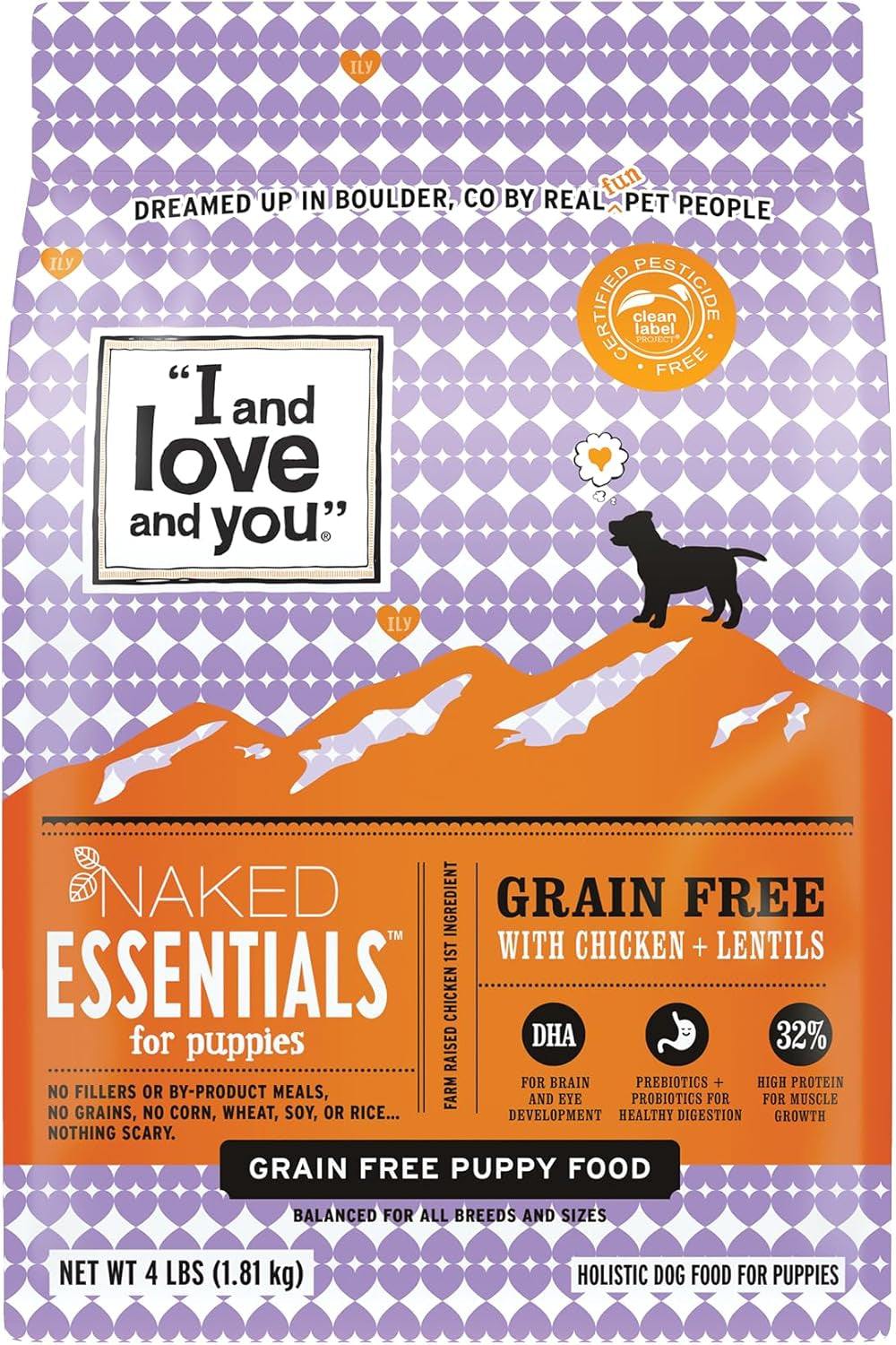 Grain-free dry dog food for puppies with chicken, lentils, high protein, DHA, prebiotics, and probiotics in a 4lb bag