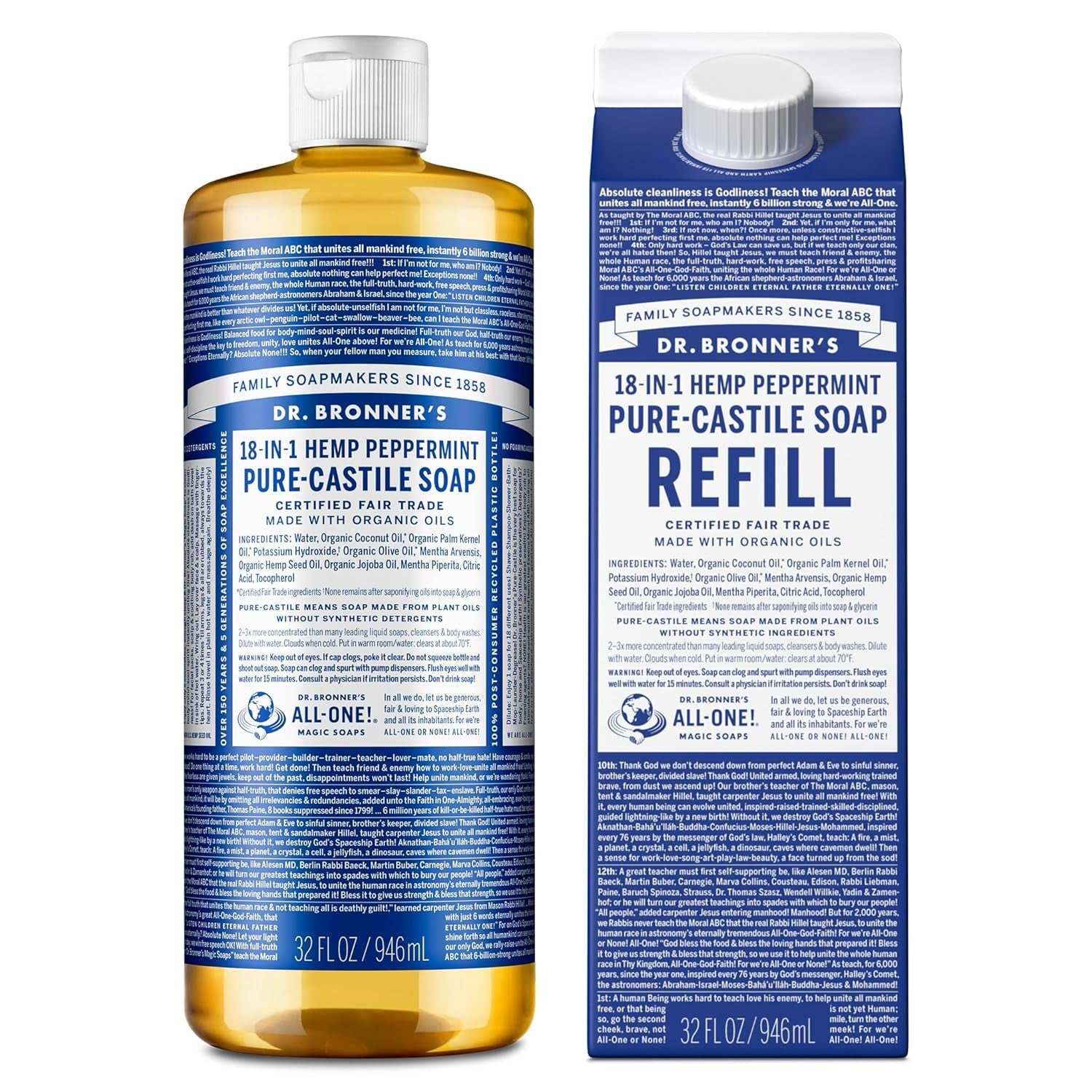 Dr. Bronner's Pure-Castile Liquid Soap 18-in-1 Hemp Peppermint 32oz bottle and refill carton made with regenerative organic certified oils and fair trade ingredients