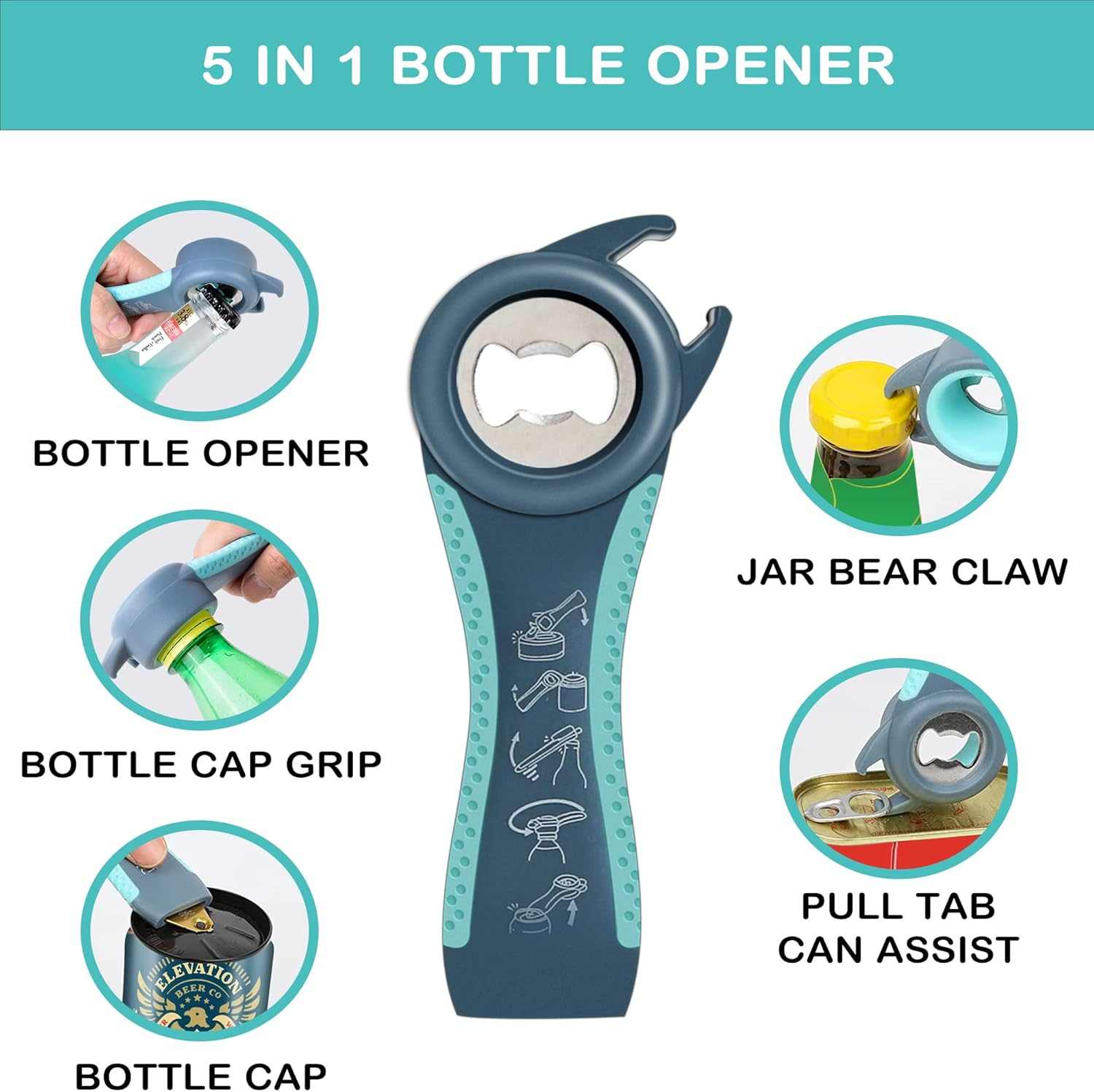 Arthritis Friendly Jar Opener 3 Piece Set- 5 in 1 Multi Function Bottle & Lid Opener with Non Slip Rubber Jar Opener Gripper Pad