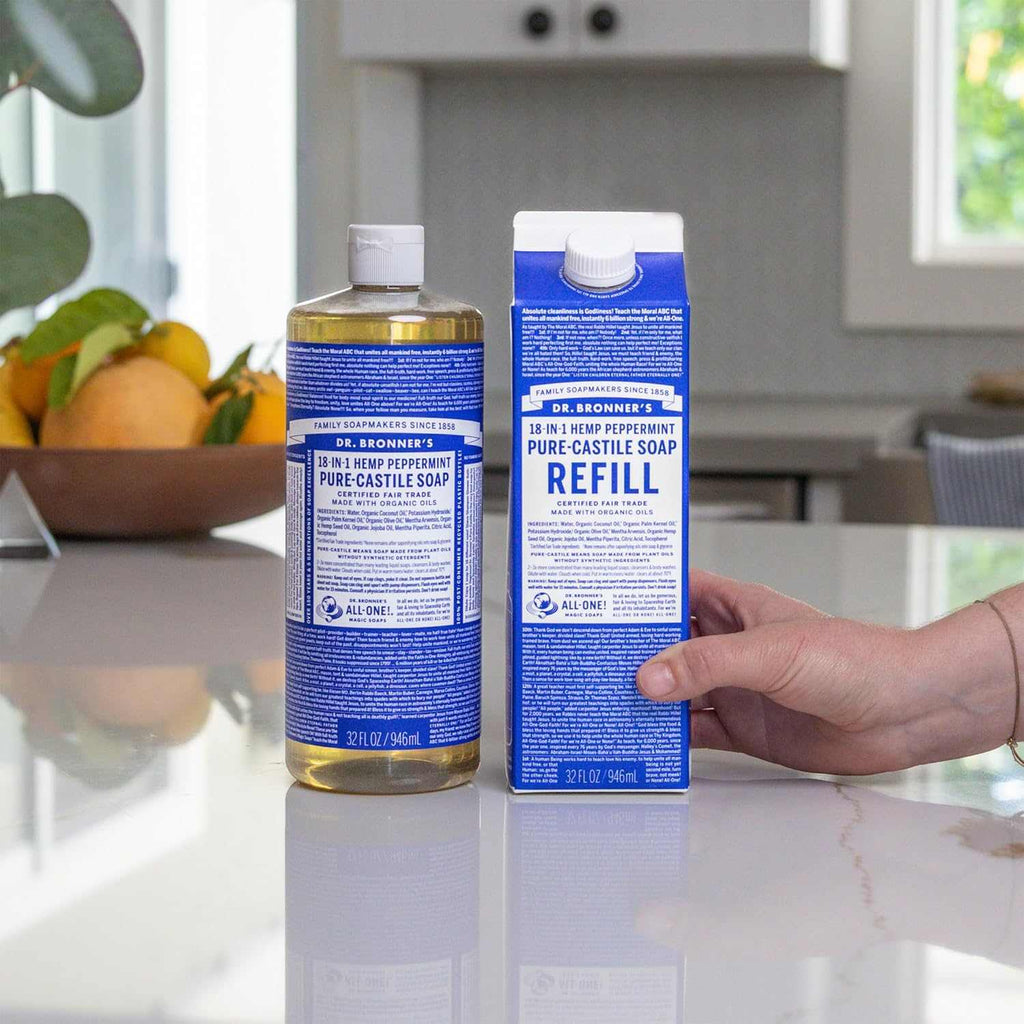 Pure-Castile Liquid Soap Bottle & Refill Carton - Made with Regenerative Organic Certified Oils, 82% Less Plastic-18-In-1 Uses for Face, Body Wash, Hand Soap Refill- Peppermint, 32Oz