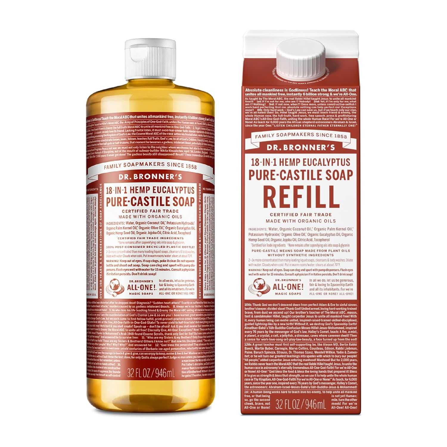 Pure-Castile Liquid Soap Bottle & Refill Carton - Made with Regenerative Organic Certified Oils, 82% Less Plastic-18-In-1 Uses for Face, Body Wash, Hand Soap Refill- Peppermint, 32Oz