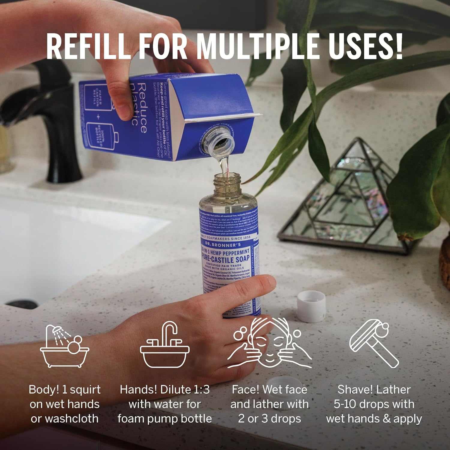 Pure-Castile Liquid Soap Bottle & Refill Carton - Made with Regenerative Organic Certified Oils, 82% Less Plastic-18-In-1 Uses for Face, Body Wash, Hand Soap Refill- Peppermint, 32Oz