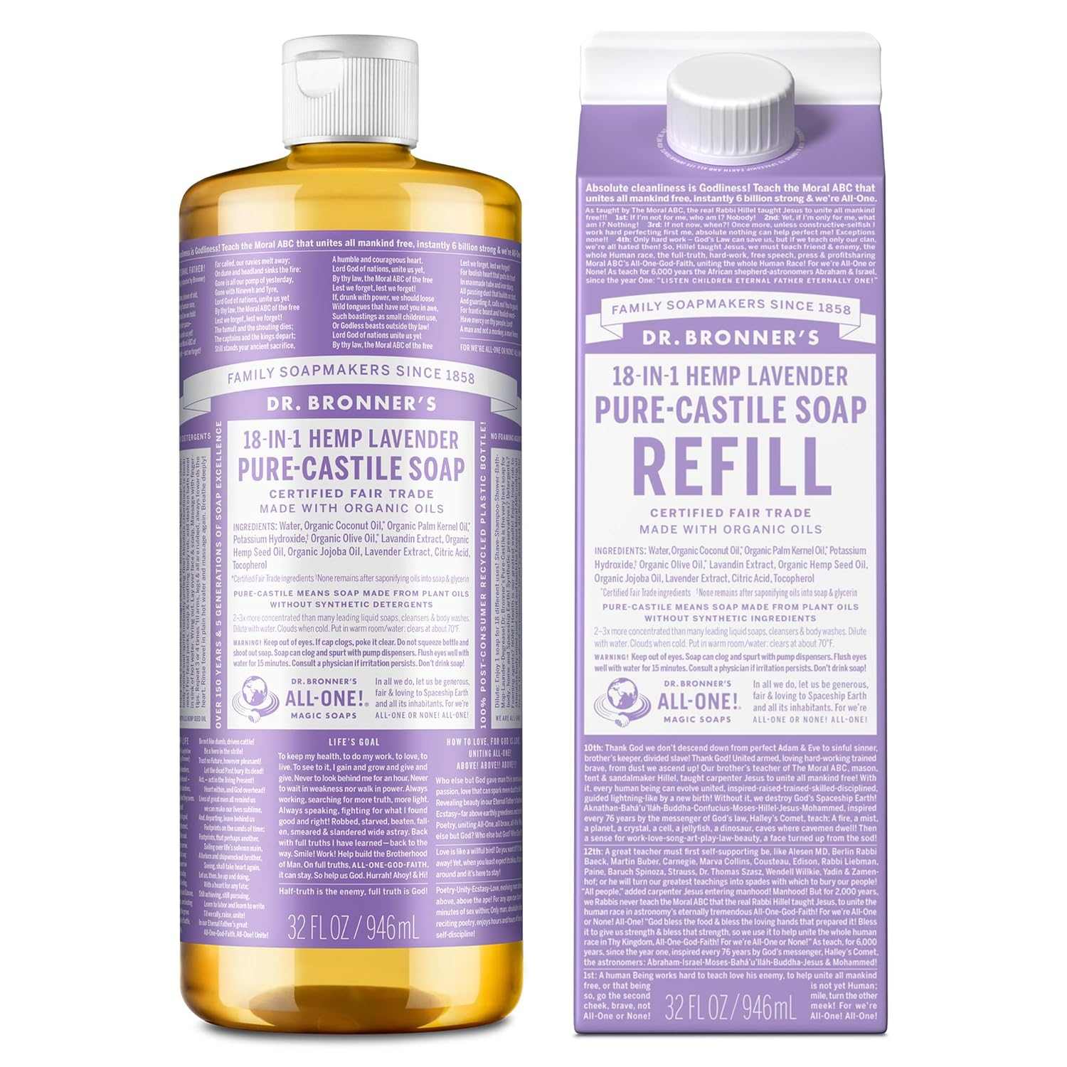 Pure-Castile Liquid Soap Bottle & Refill Carton - Made with Regenerative Organic Certified Oils, 82% Less Plastic-18-In-1 Uses for Face, Body Wash, Hand Soap Refill- Peppermint, 32Oz