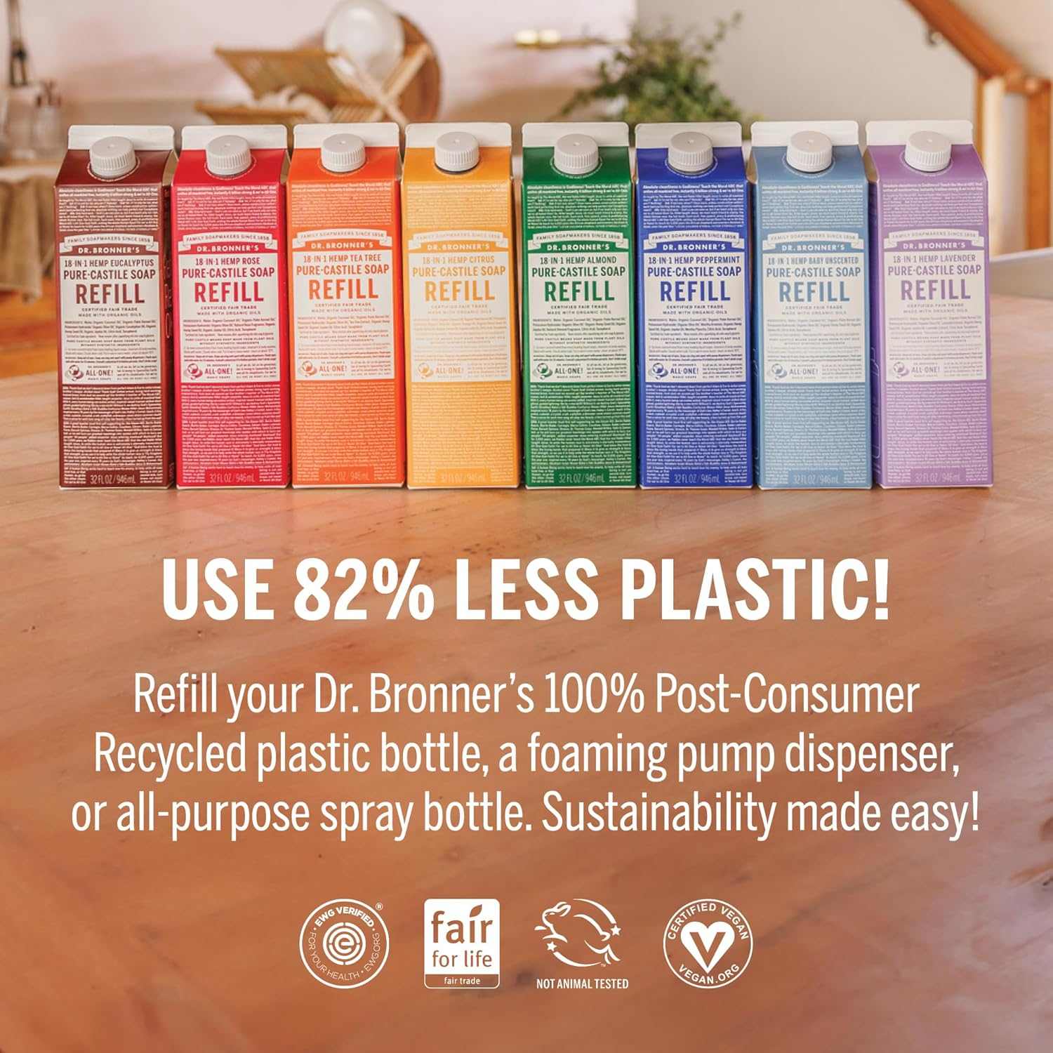 Pure-Castile Liquid Soap Bottle & Refill Carton - Made with Regenerative Organic Certified Oils, 82% Less Plastic-18-In-1 Uses for Face, Body Wash, Hand Soap Refill- Peppermint, 32Oz