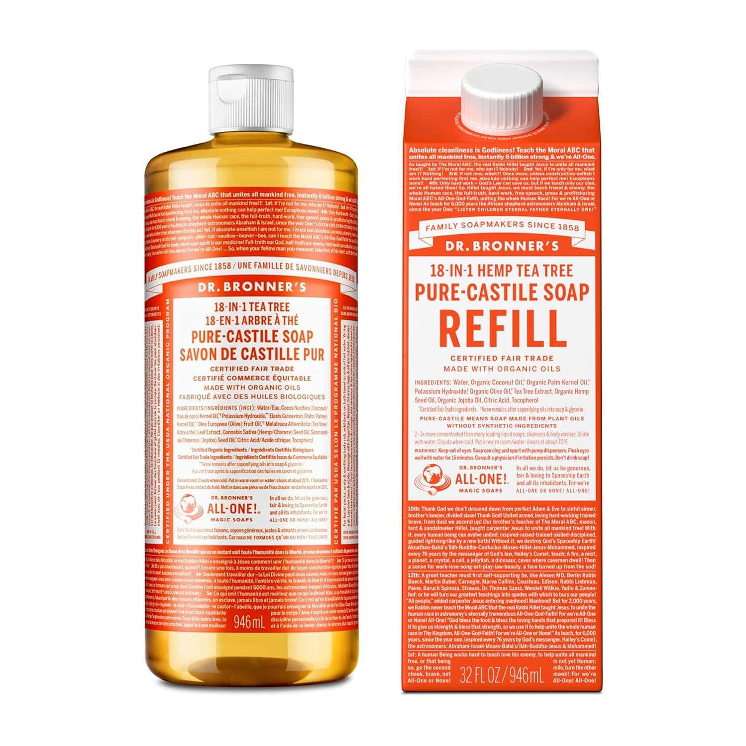 Pure-Castile Liquid Soap Bottle & Refill Carton - Made with Regenerative Organic Certified Oils, 82% Less Plastic-18-In-1 Uses for Face, Body Wash, Hand Soap Refill- Peppermint, 32Oz