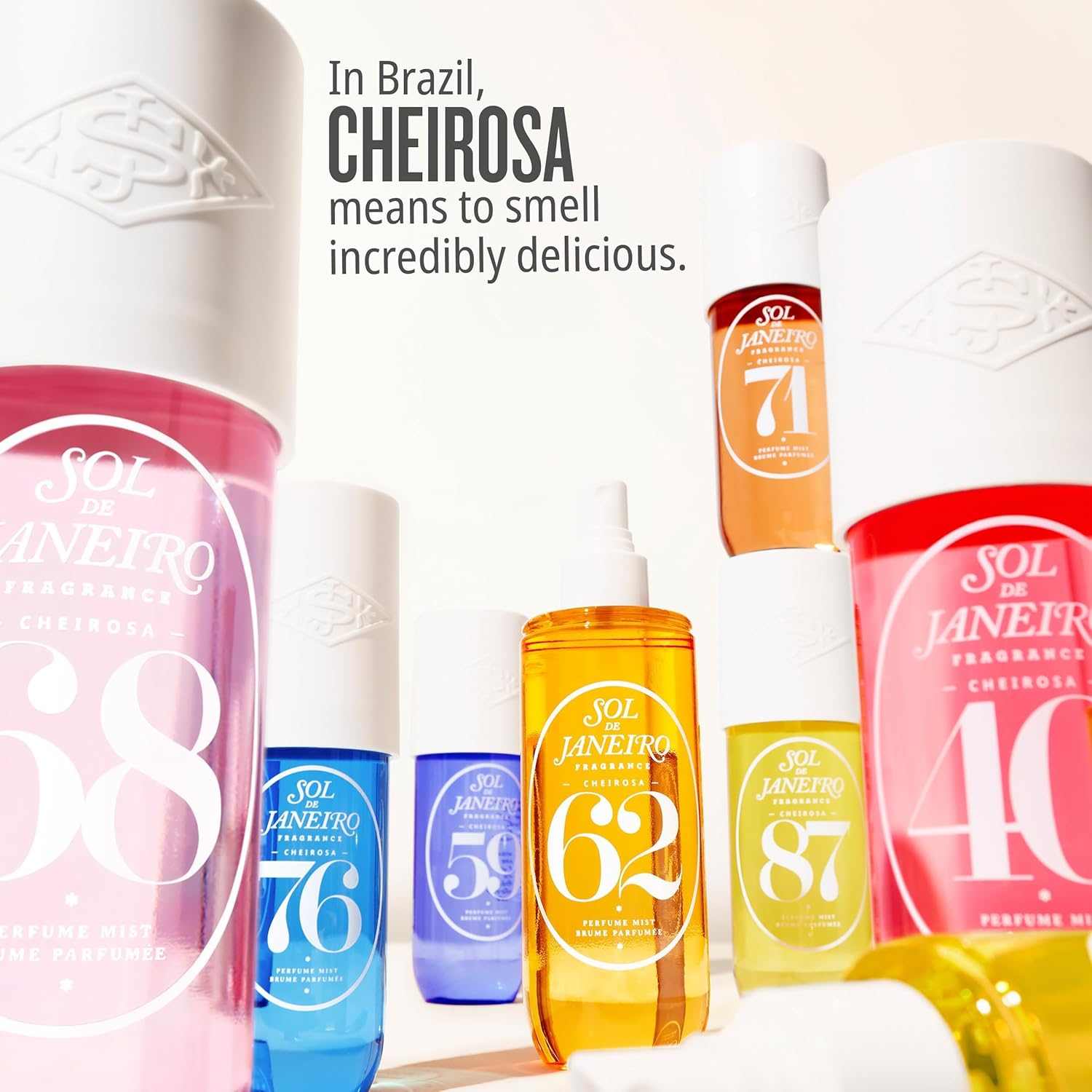 Sol de Janeiro hair and body perfume mist collection with colorful bottles showcasing vibrant Brazilian-inspired fragrances