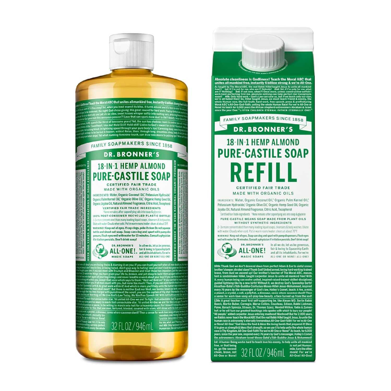 Pure-Castile Liquid Soap Bottle & Refill Carton - Made with Regenerative Organic Certified Oils, 82% Less Plastic-18-In-1 Uses for Face, Body Wash, Hand Soap Refill- Peppermint, 32Oz