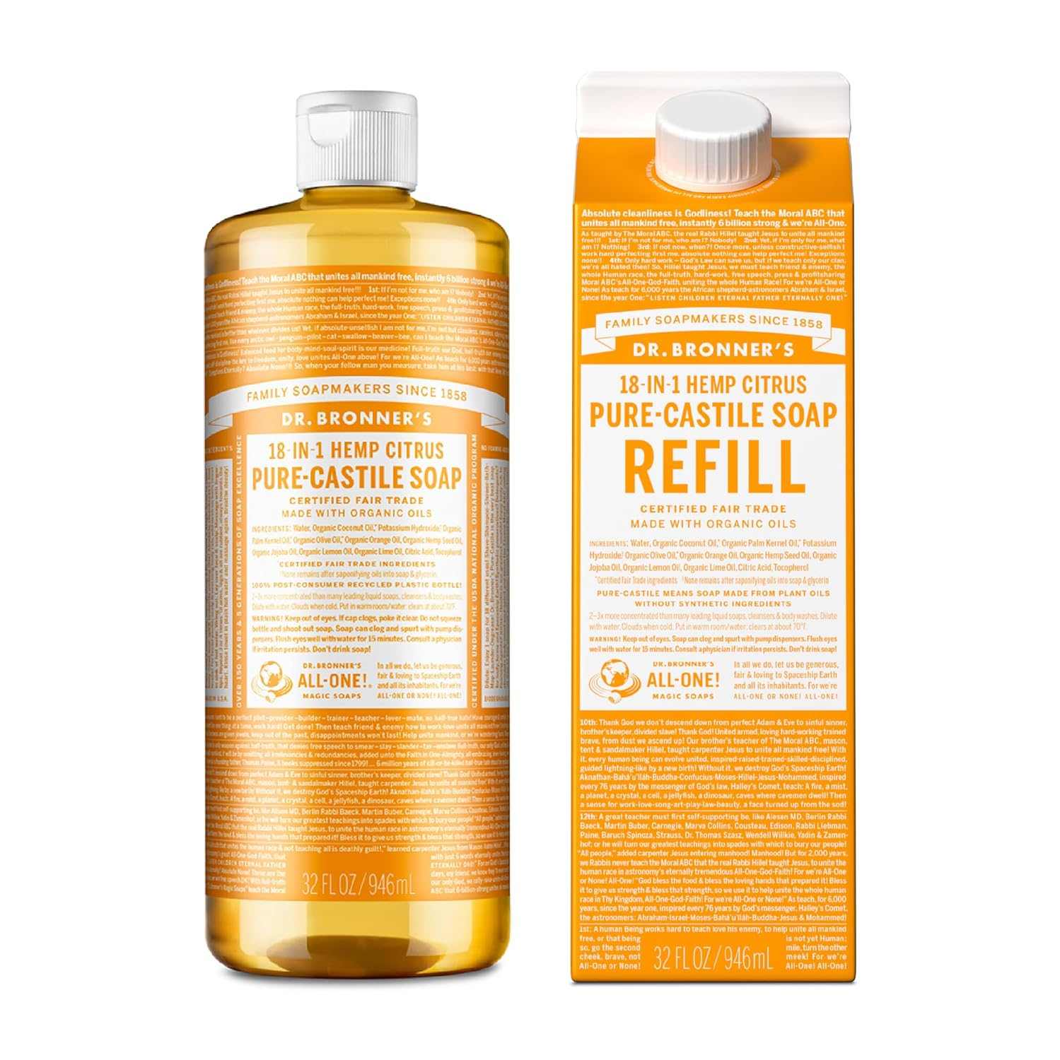 Pure-Castile Liquid Soap Bottle & Refill Carton - Made with Regenerative Organic Certified Oils, 82% Less Plastic-18-In-1 Uses for Face, Body Wash, Hand Soap Refill- Peppermint, 32Oz