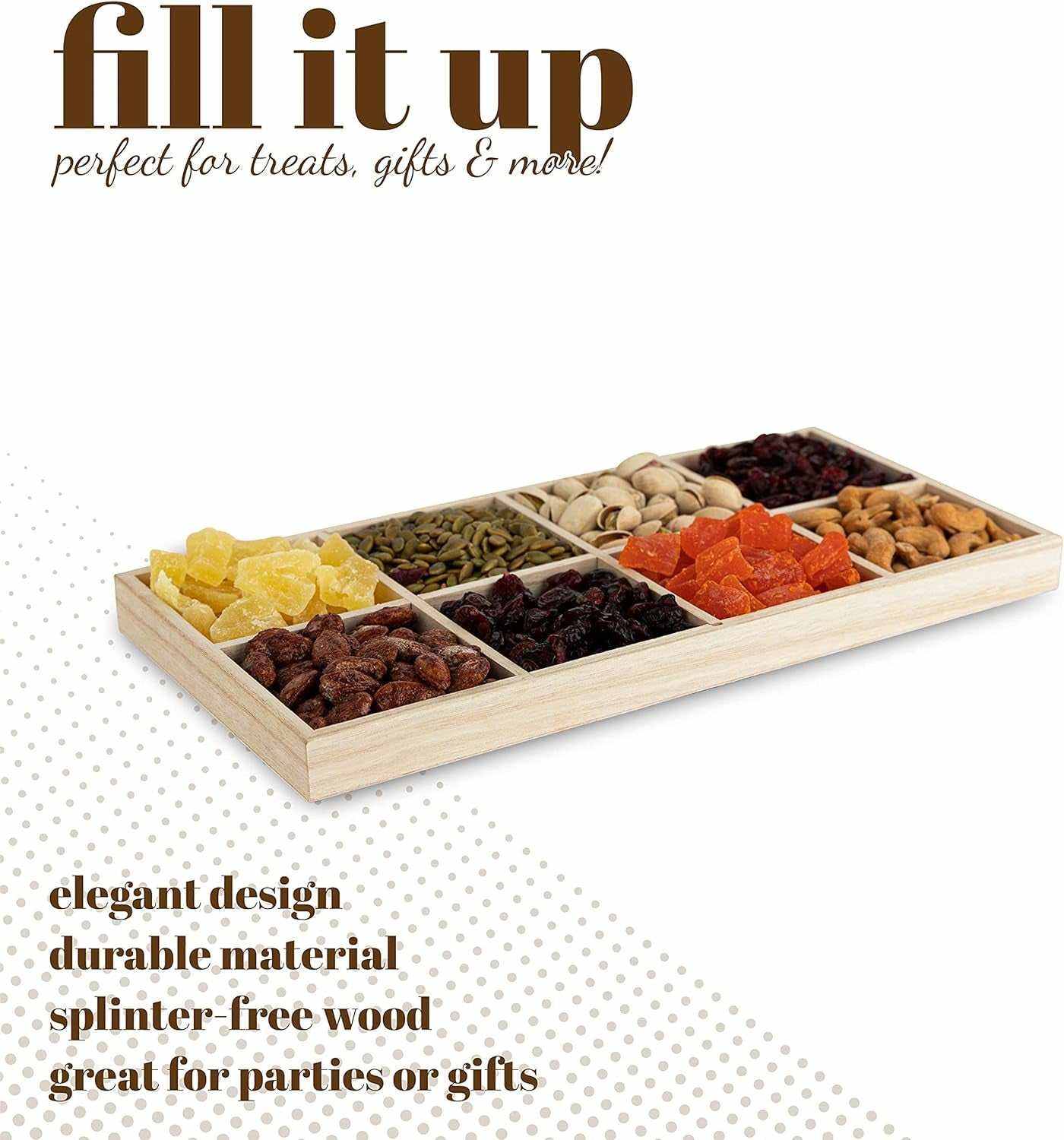 Wooden Tray with 8 Sections – 2 Pack Rectangular Tray Chip and Dip Platter – Divided Serving Tray for Appetizers & Snacks – Veggie Platter - Food Trays for Party Montessori Wooden Trays - 7”X14”X1.25”