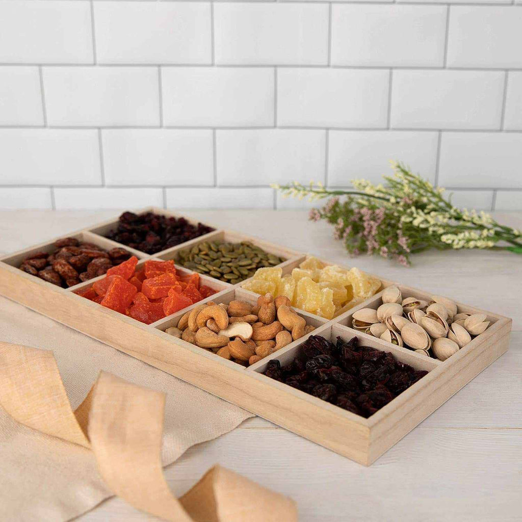 Wooden Tray with 8 Sections – 2 Pack Rectangular Tray Chip and Dip Platter – Divided Serving Tray for Appetizers & Snacks – Veggie Platter - Food Trays for Party Montessori Wooden Trays - 7”X14”X1.25”