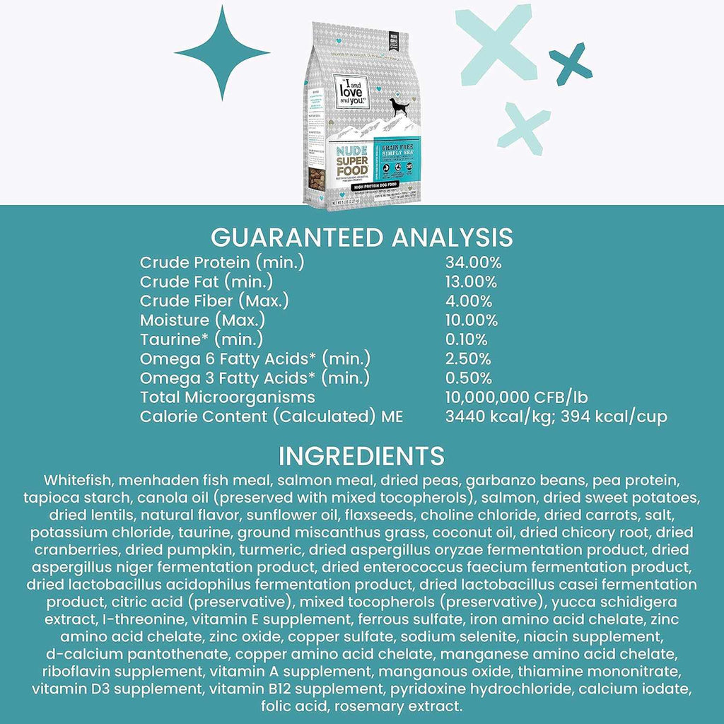 Nude Super Food Dry Dog Food - Salmon + Whitefish - Prebiotic + Probiotic, Grain Free, Real Meat, No Fillers, 5Lb Bag