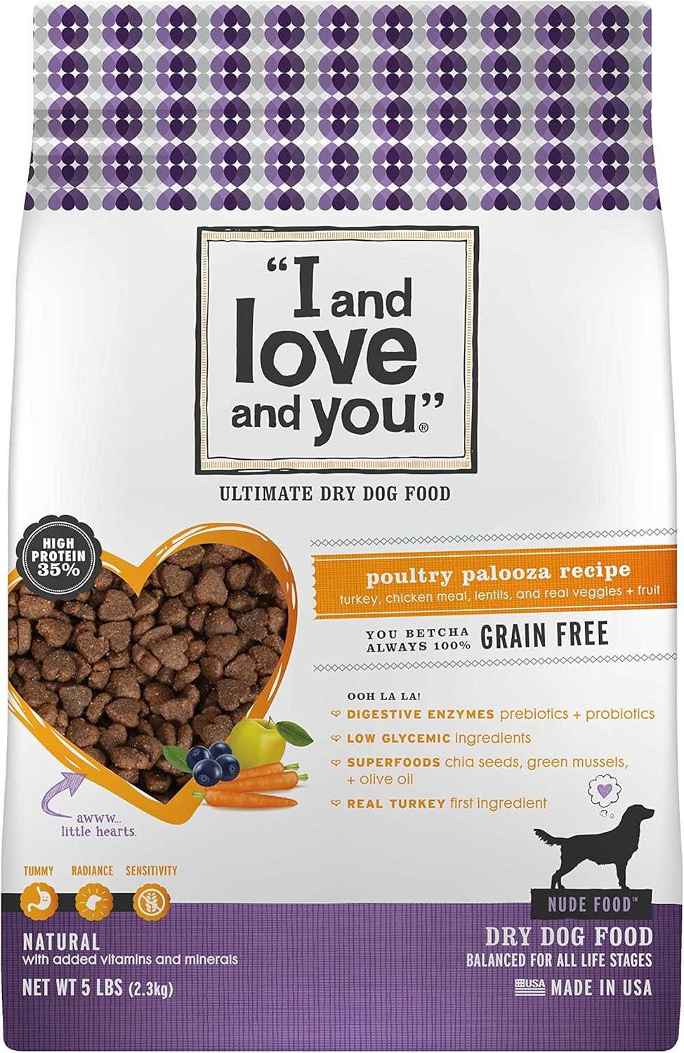 Nude Super Food Dry Dog Food - Salmon + Whitefish - Prebiotic + Probiotic, Grain Free, Real Meat, No Fillers, 5Lb Bag