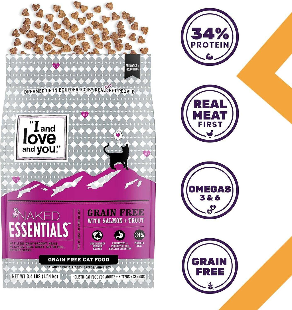 Naked Essentials Dry Cat Food bag with salmon and trout, grain-free, high protein, real meat, omegas, prebiotics, and probiotics.
