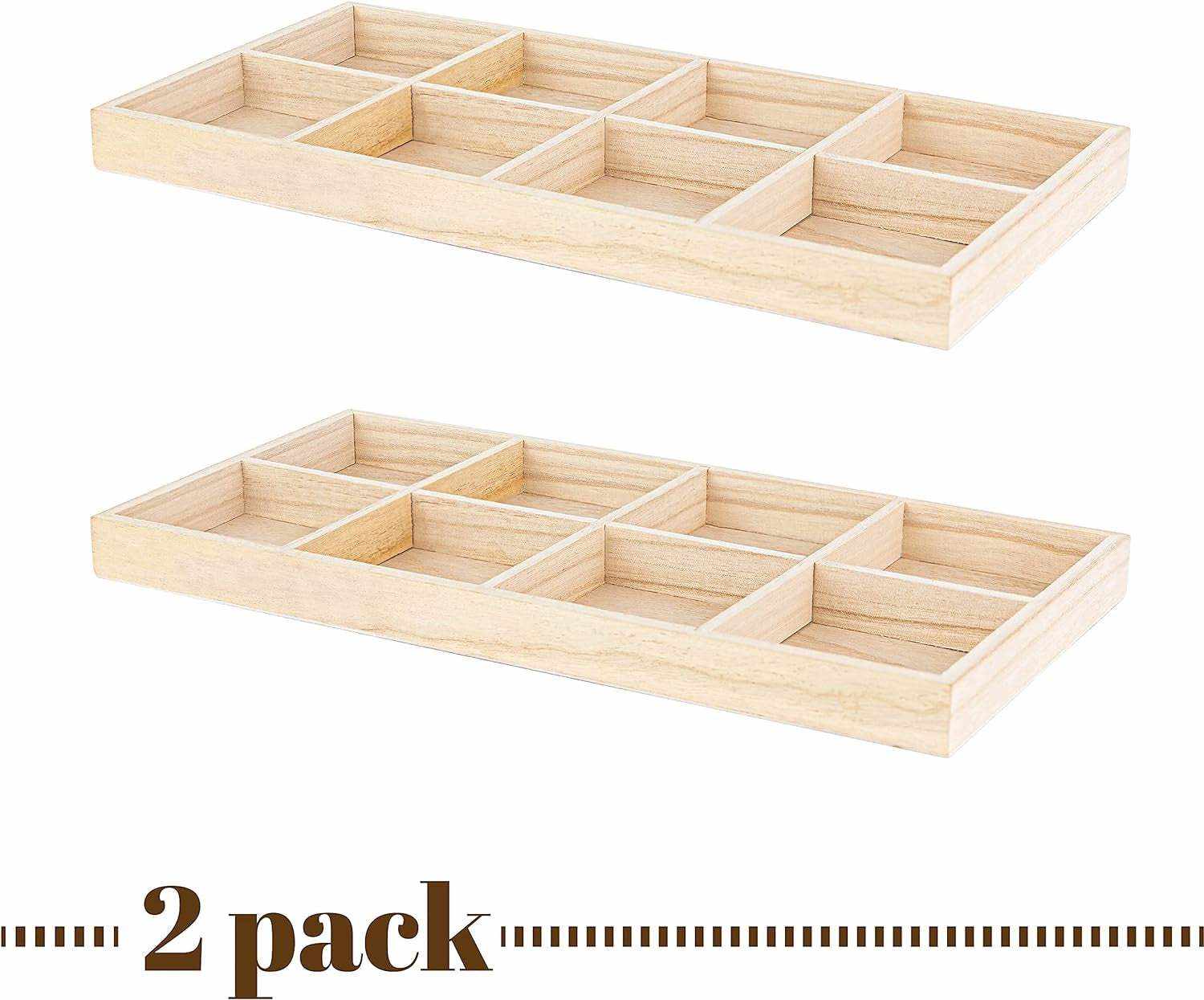 Wooden Tray with 8 Sections – 2 Pack Rectangular Tray Chip and Dip Platter – Divided Serving Tray for Appetizers & Snacks – Veggie Platter - Food Trays for Party Montessori Wooden Trays - 7”X14”X1.25”