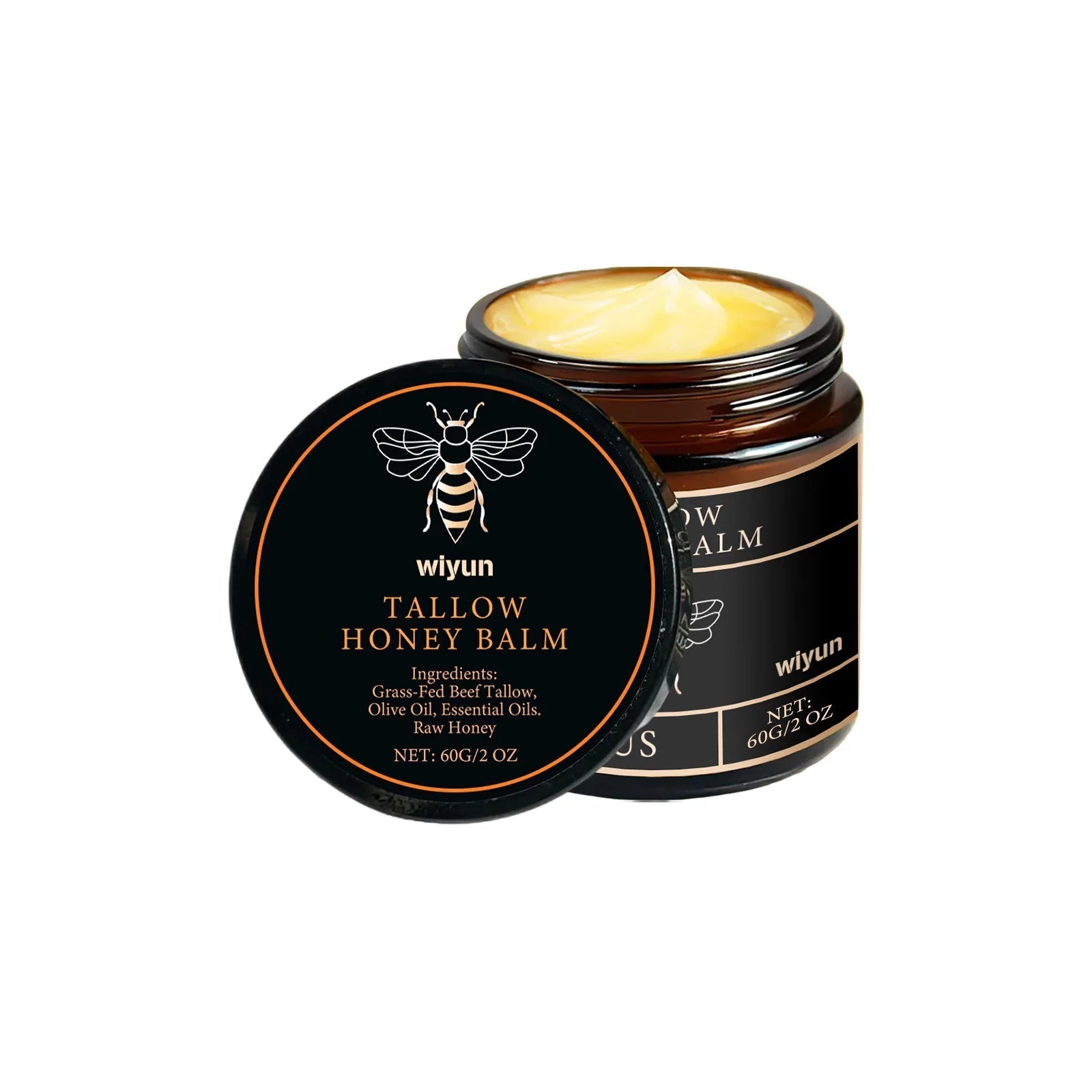 Wiyun Beef Tallow Honey Balm moisturizing cream jar with open lid showing yellow cream inside for skin brightening and repair
