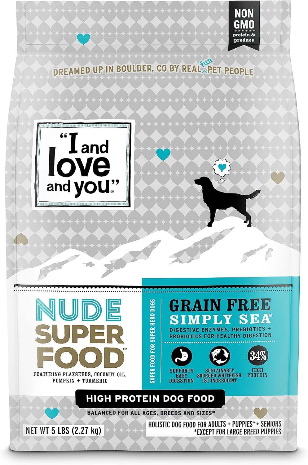 Nude Super Food Dry Dog Food - Salmon + Whitefish - Prebiotic + Probiotic, Grain Free, Real Meat, No Fillers, 5Lb Bag