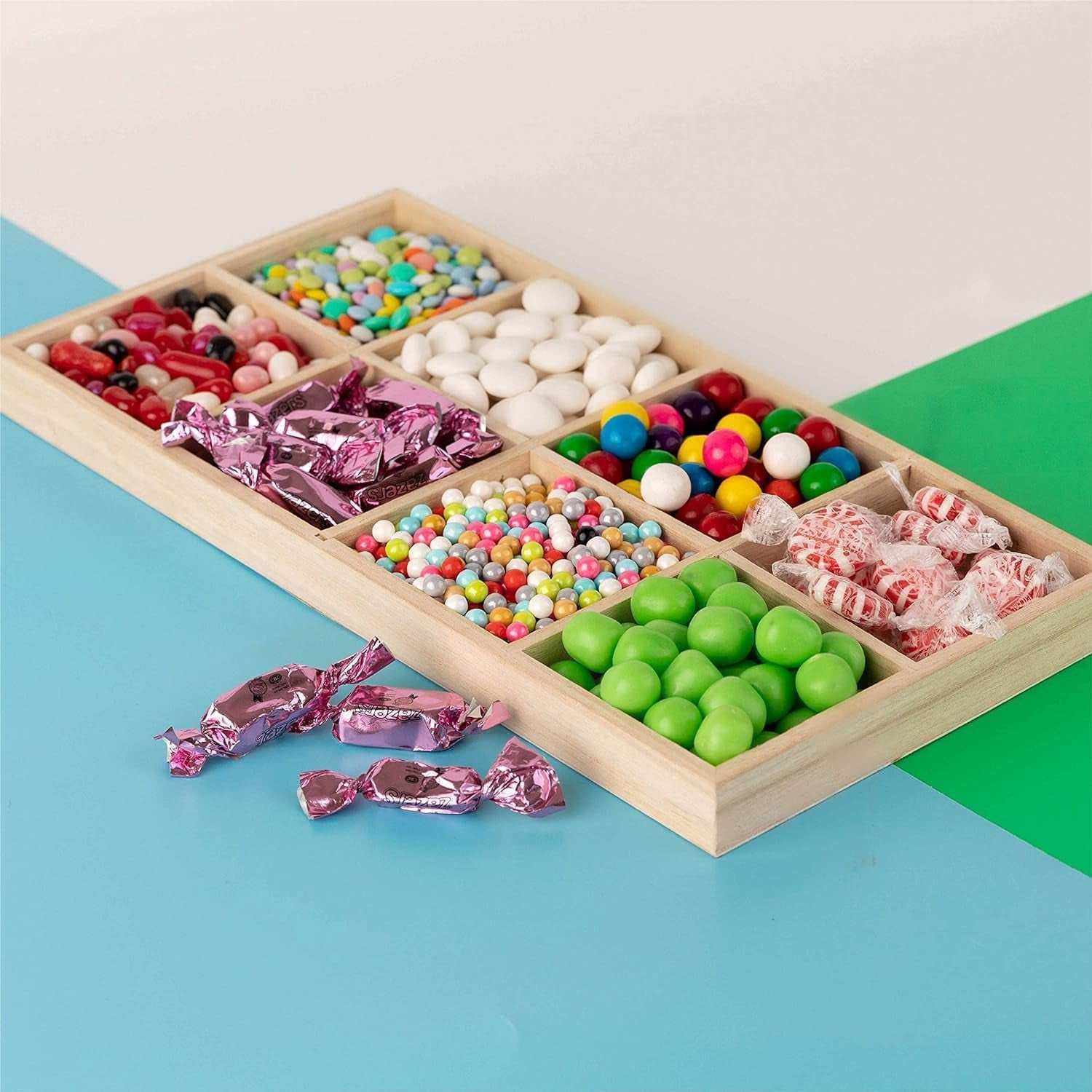 Wooden Tray with 8 Sections – 2 Pack Rectangular Tray Chip and Dip Platter – Divided Serving Tray for Appetizers & Snacks – Veggie Platter - Food Trays for Party Montessori Wooden Trays - 7”X14”X1.25”