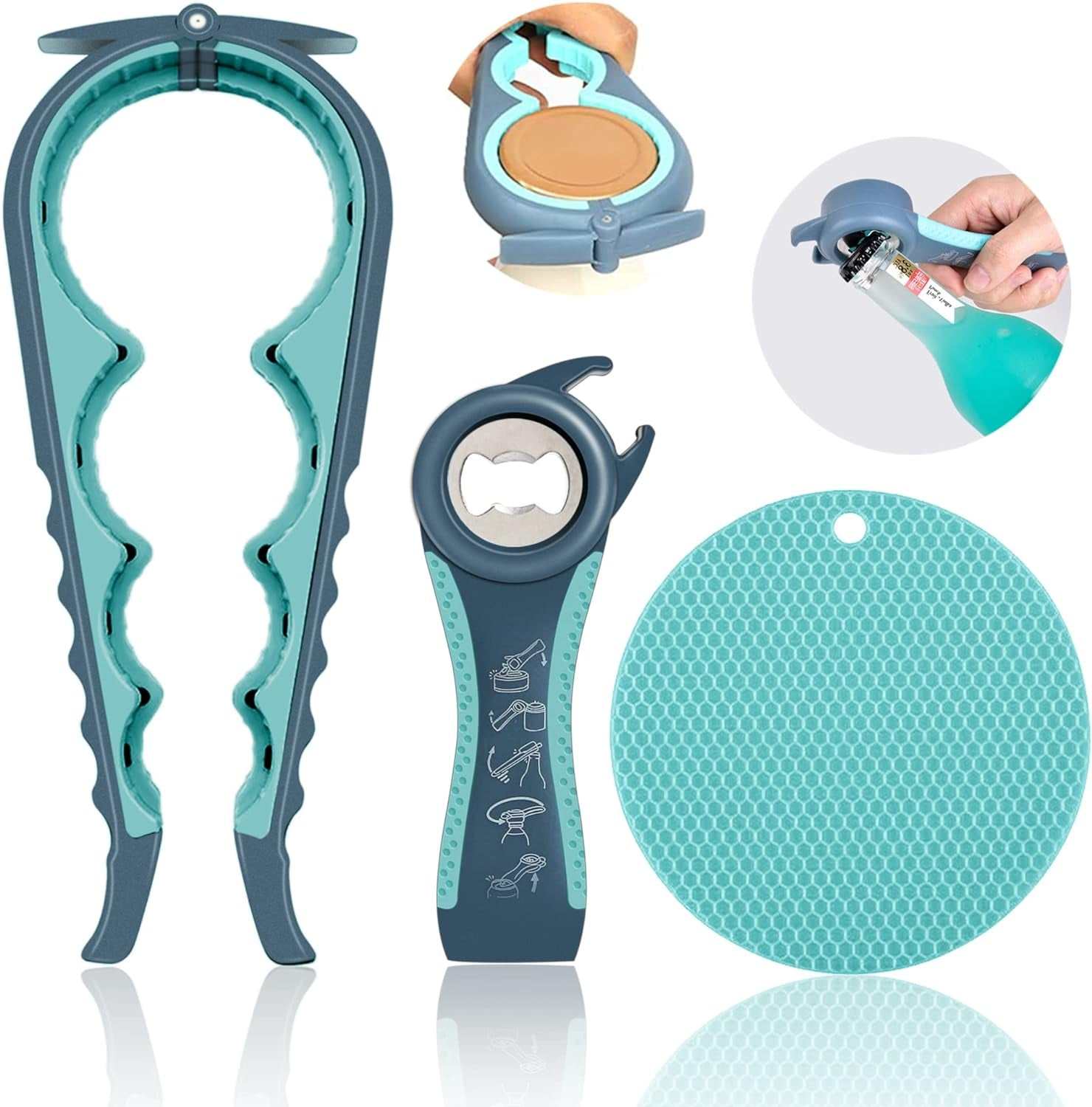 Arthritis friendly jar opener 3 piece set with ergonomic non slip handles for opening jars, bottles, cans, and lids easily